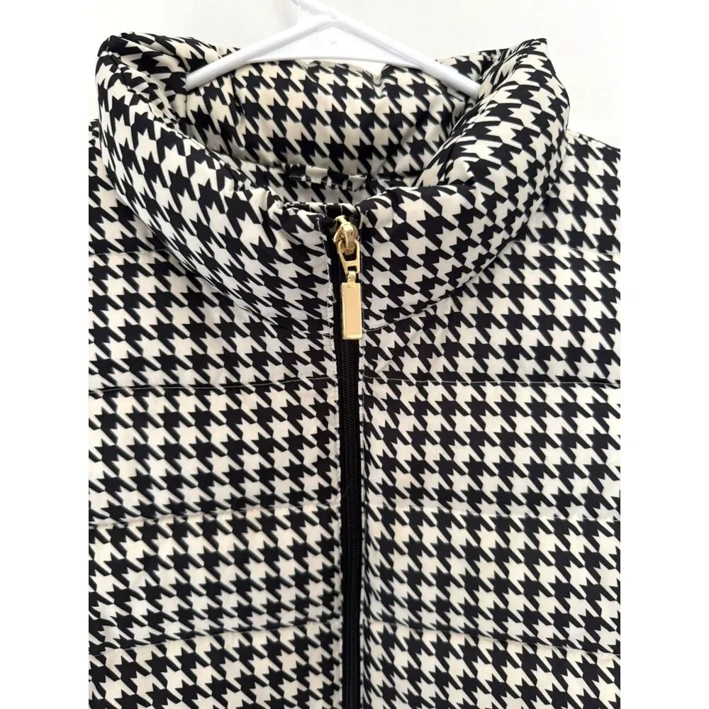 Charter Club Womens XL Houndstooth Puffer Vest Black Cream Quilted Full Zip Warm